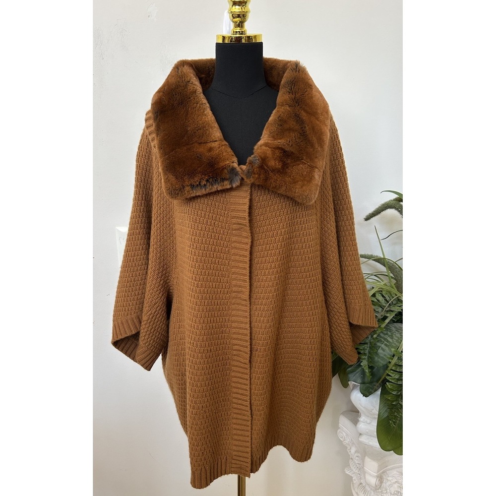 Neiman Marcus 100% Cashmere Cape Rex Fur Collar Sweater Poncho OldMoney Brown XL